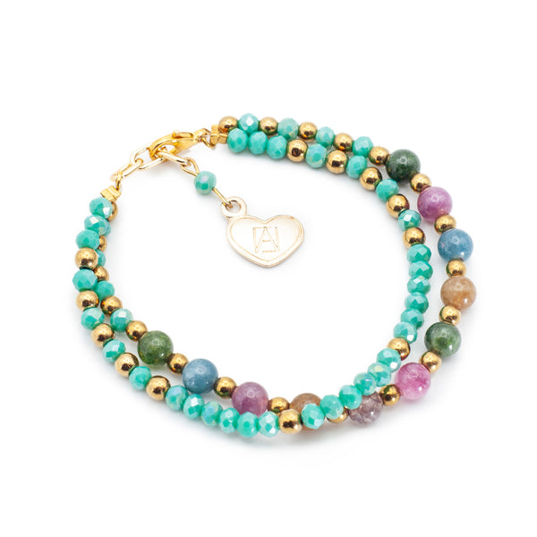 Pulsera Doble Con Piedras De Colores Y Celeste