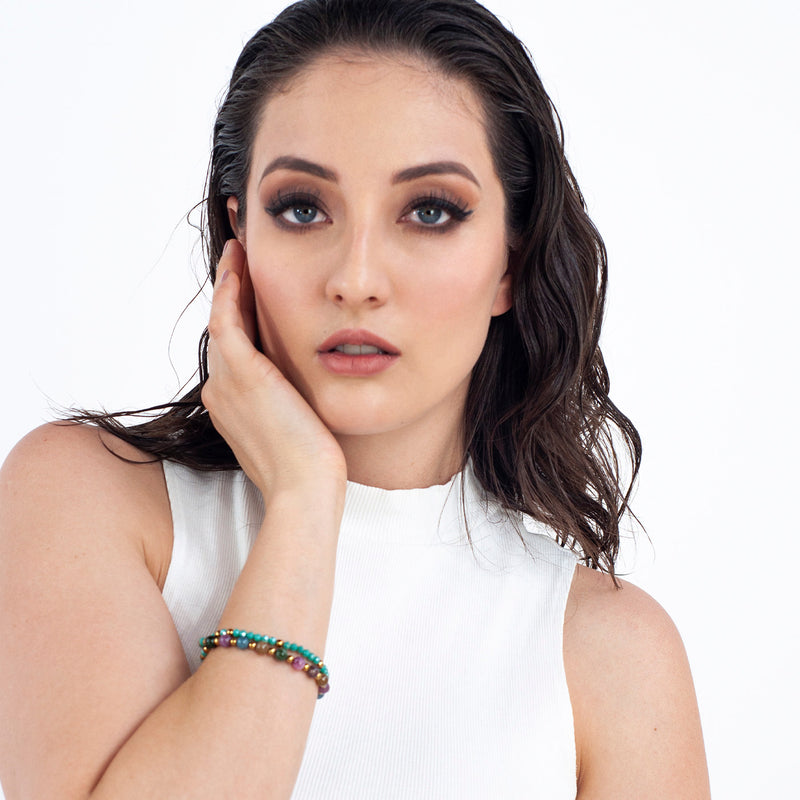 Pulsera Doble Con Piedras De Colores Y Celeste