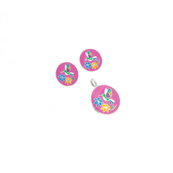 Conjunto Aretes Y Colgante de Plata Colibri Rosa