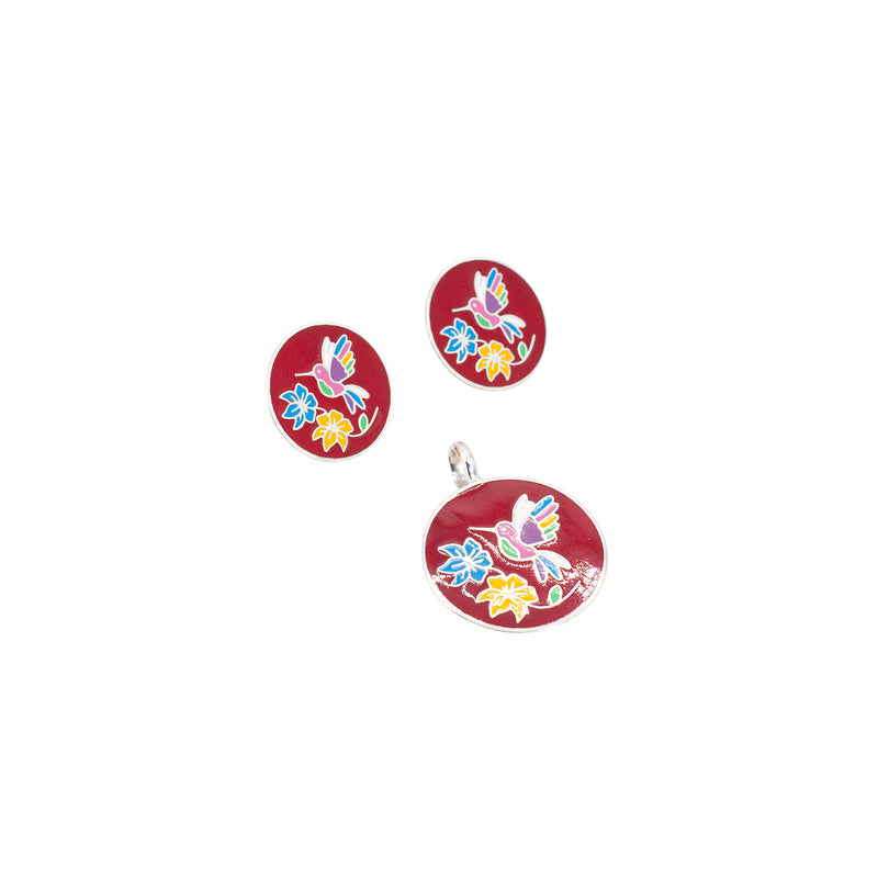 Conjunto Aretes Y Colgante de Plata Colibri Rojo