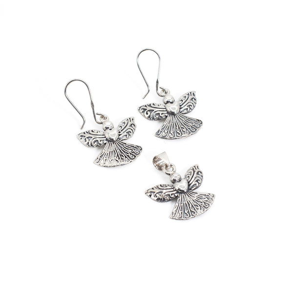 Conjunto Aretes Y Colgante de Plata Corazon Alado