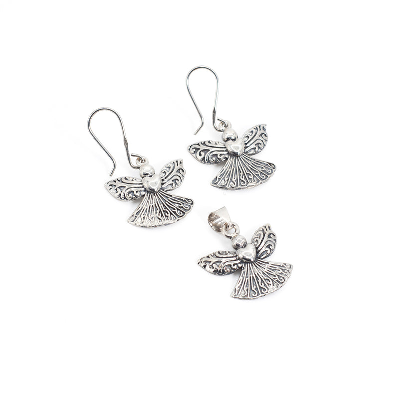 Conjunto Aretes Y Colgante de Plata Corazon Alado