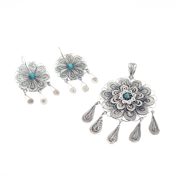 Conjunto Aretes Y Colgante En Filigrana de Plata Dalia