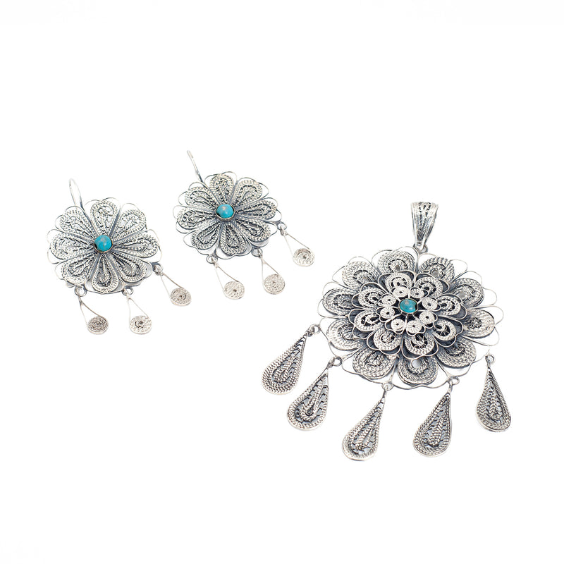 Conjunto Aretes Y Colgante En Filigrana de Plata Dalia